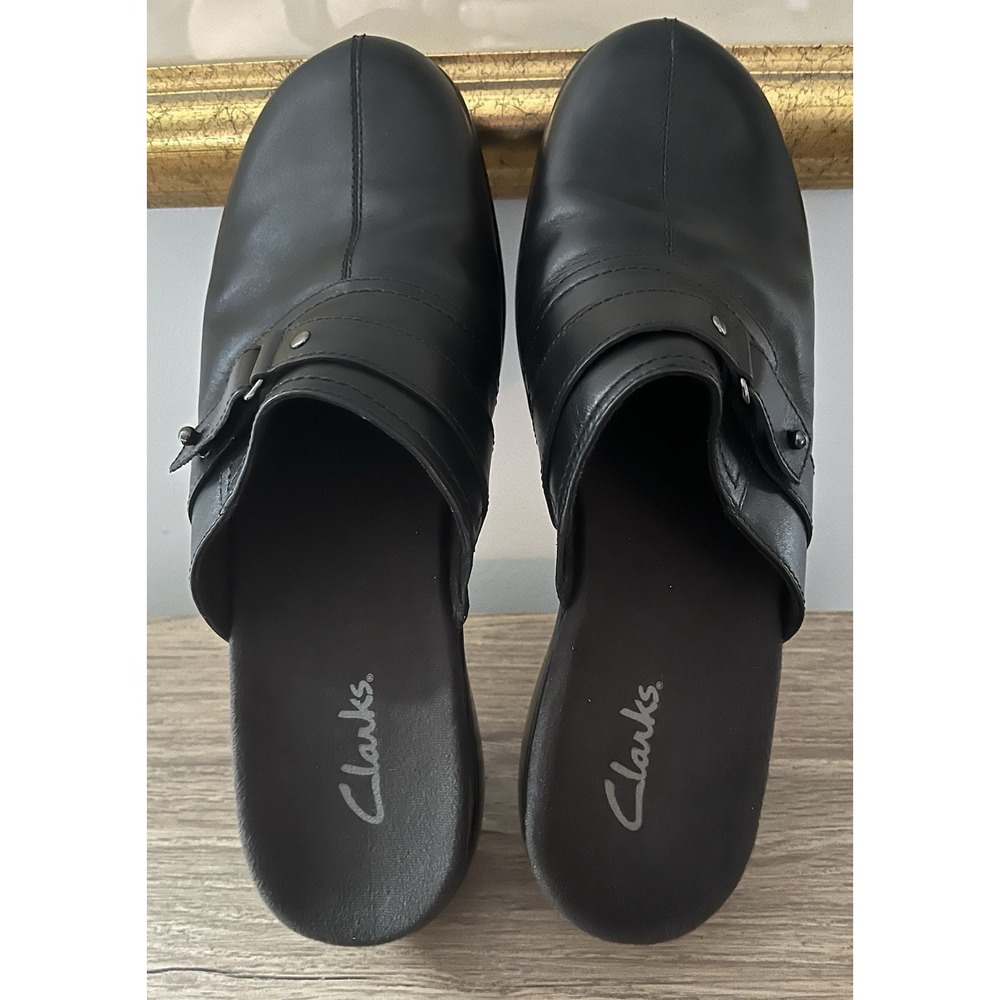 Clarks Black Leather Slip On Clogs Mules Women's 9.5 Shoes O1